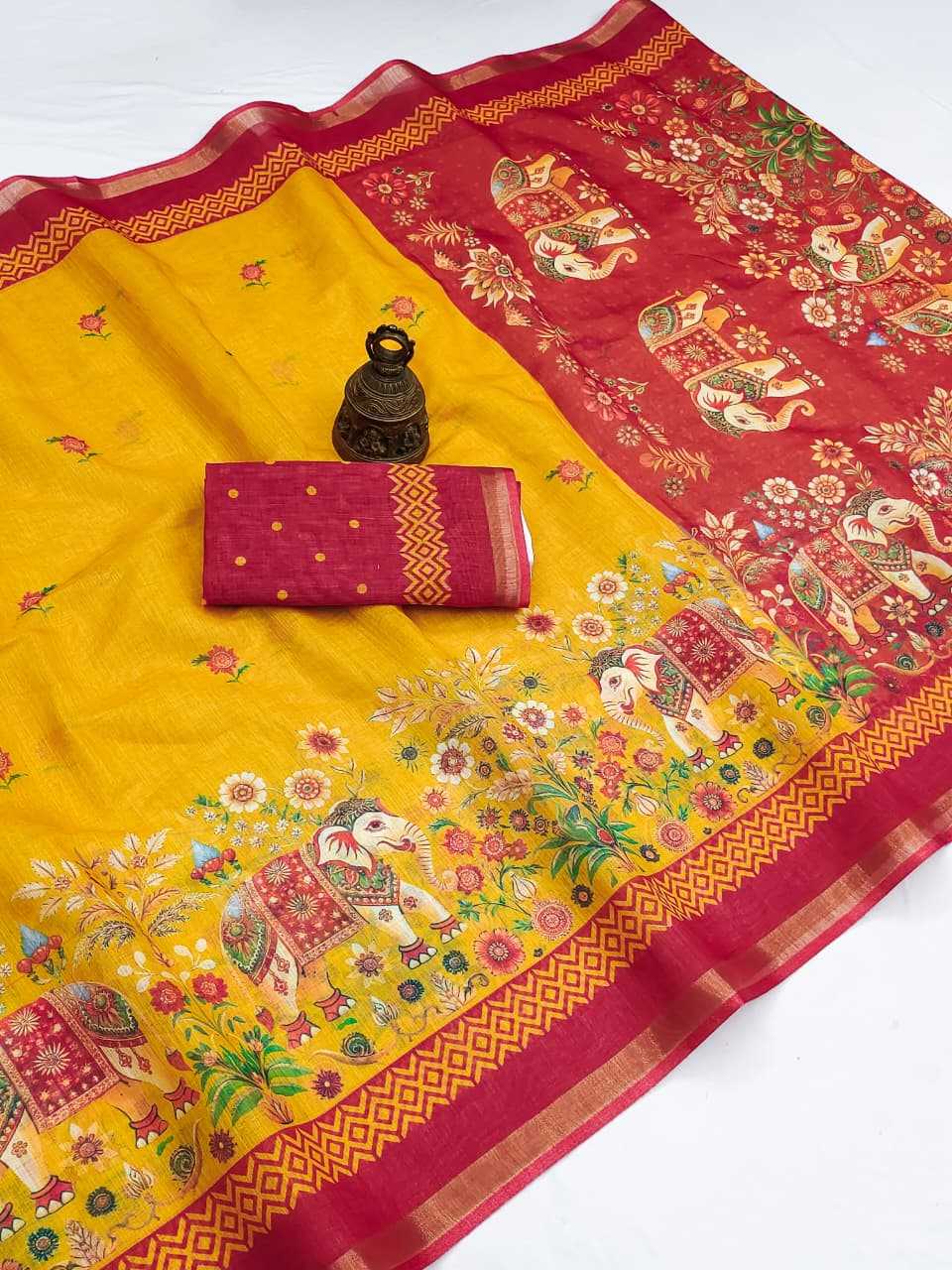 Linen Printed Saree in Jungle Green