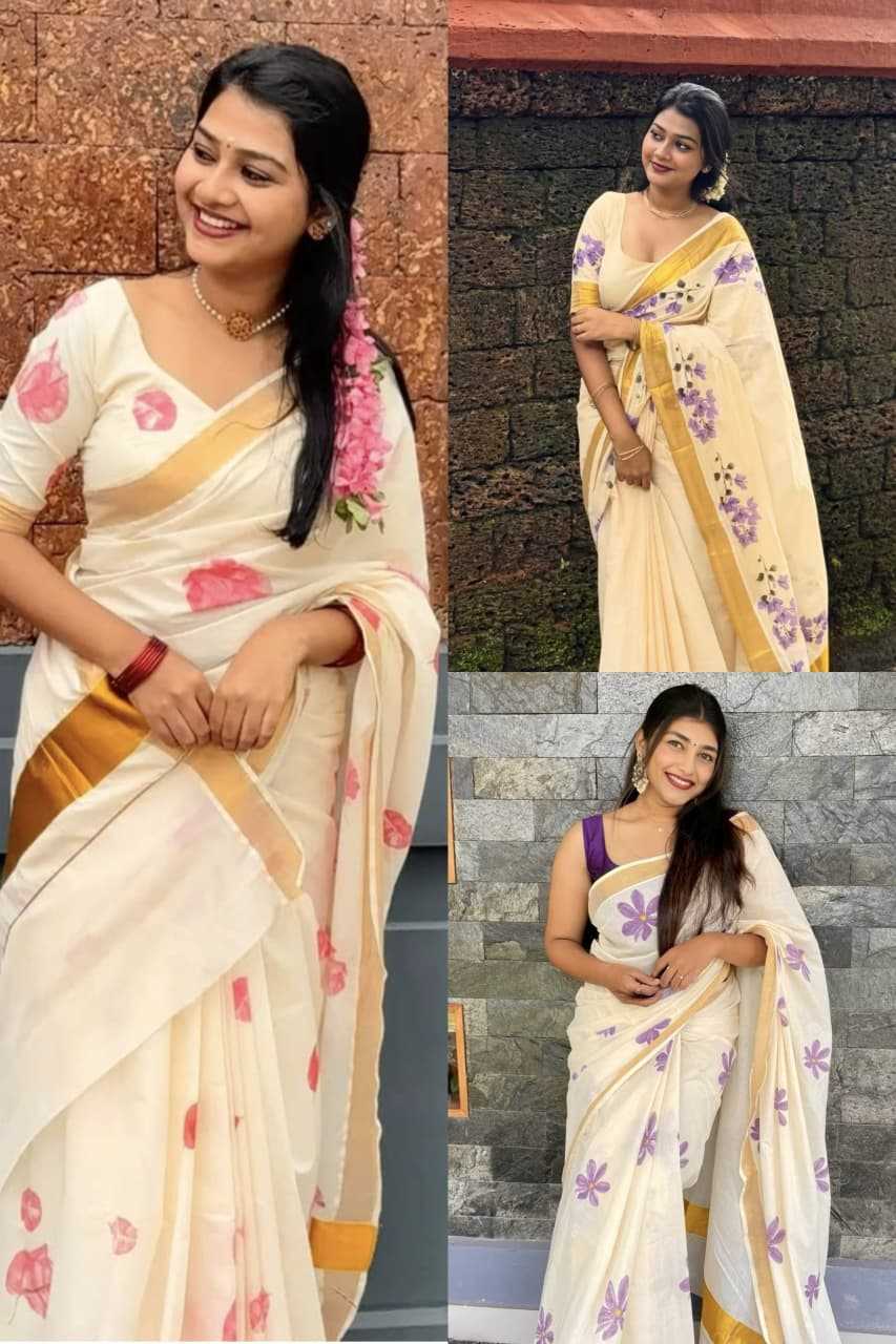 Linen Printed Saree in Lavender Purple