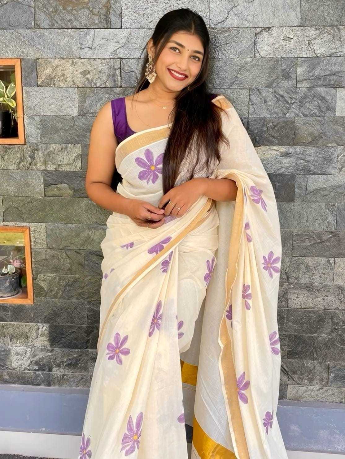 Linen Printed Saree in Lavender Purple
