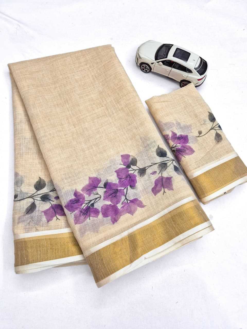 Linen Printed Saree in Lavender Purple