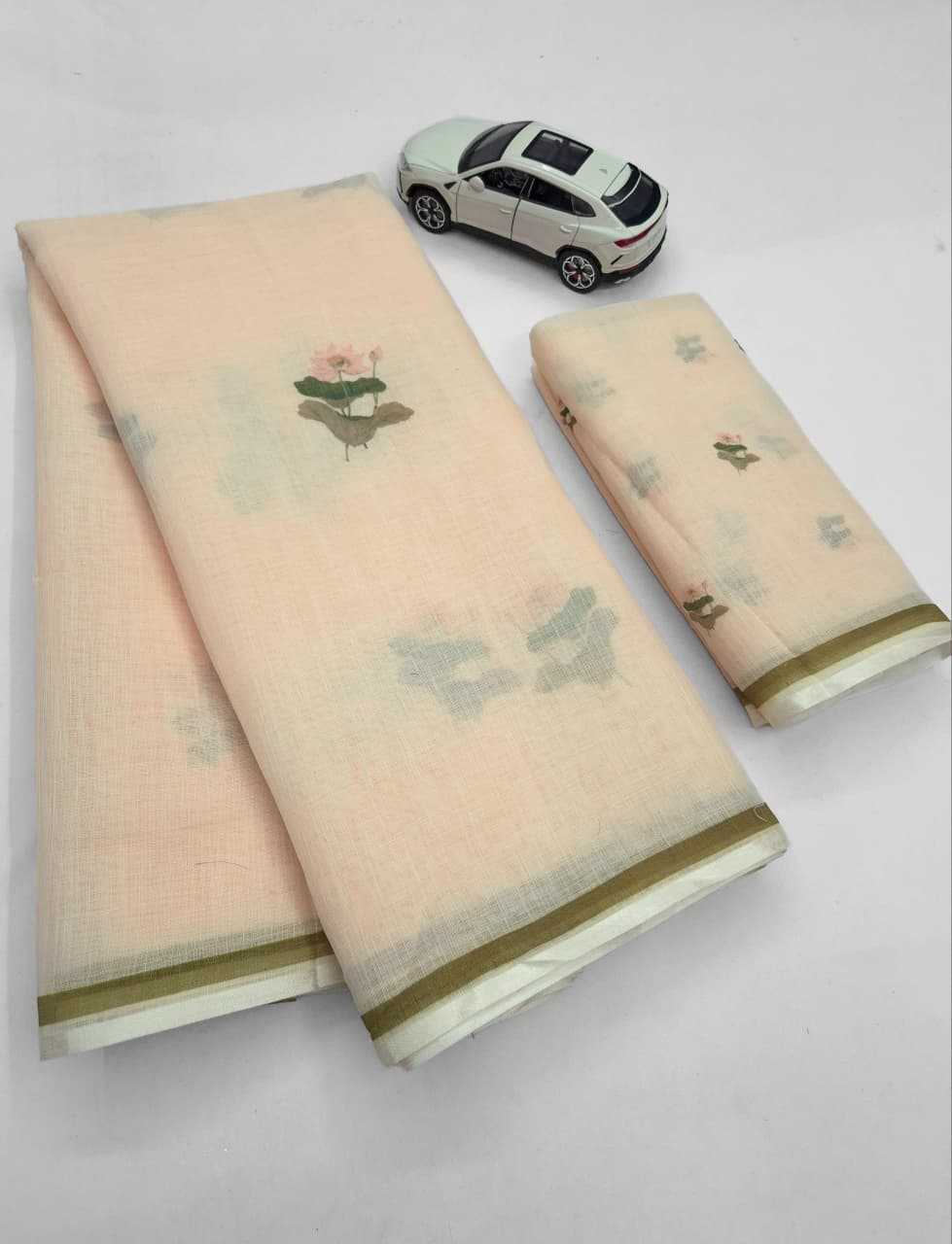 Linen Printed Saree in Off White