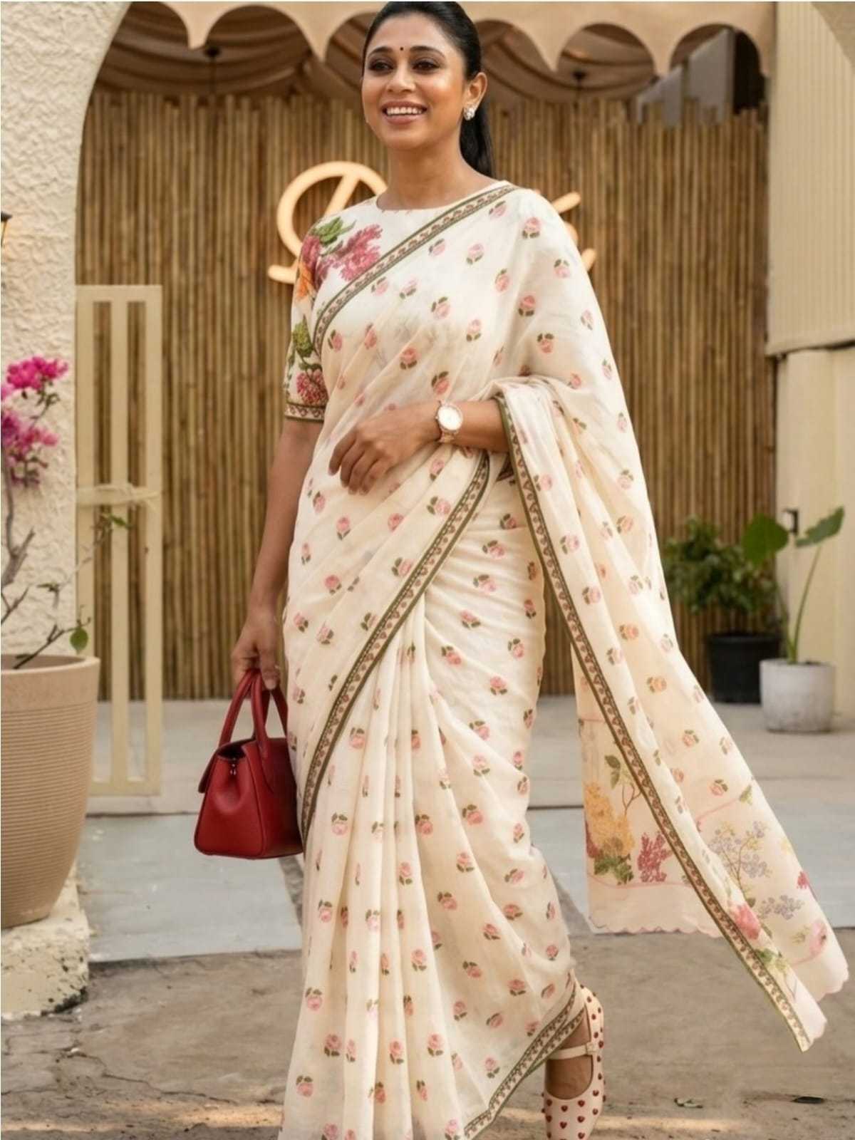 Linen Printed Saree in Off White