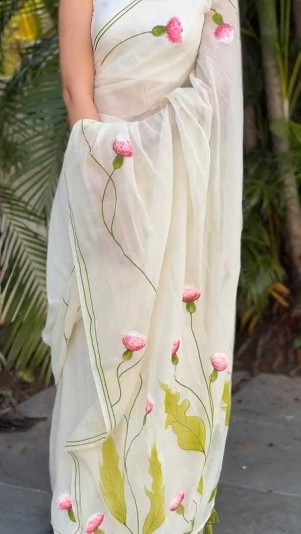 Linen Printed Saree in Off White