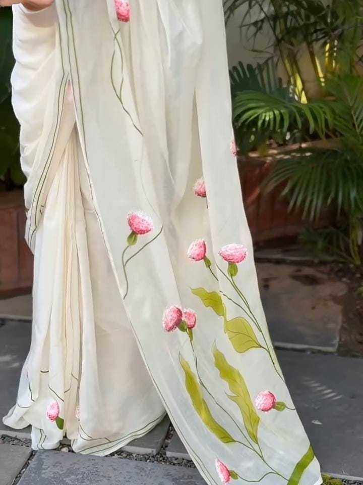 Linen Printed Saree in Off White