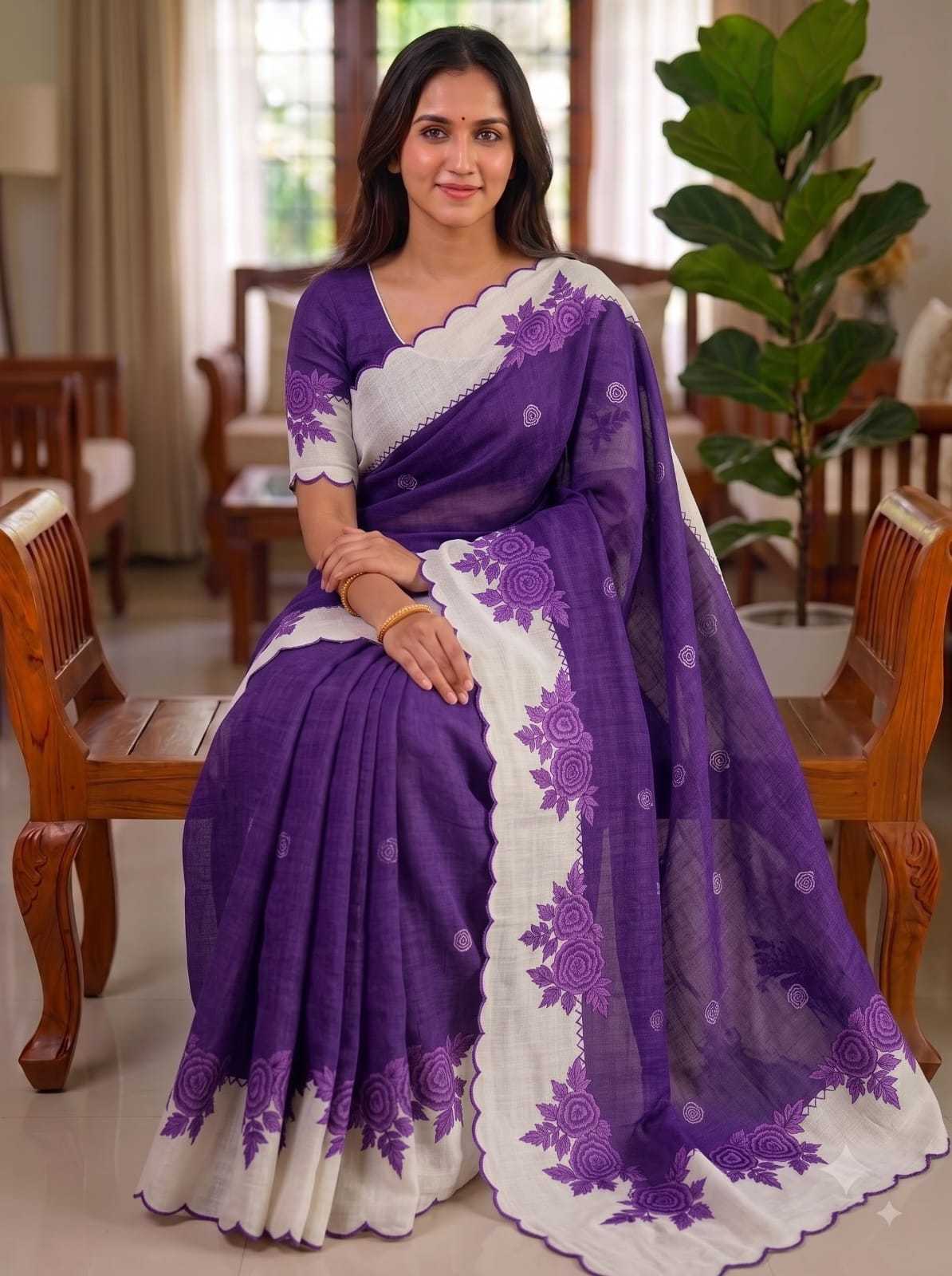 Linen Printed Saree in Salmon