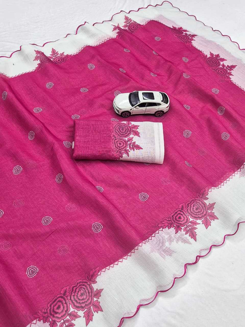 Linen Printed Saree in Salmon