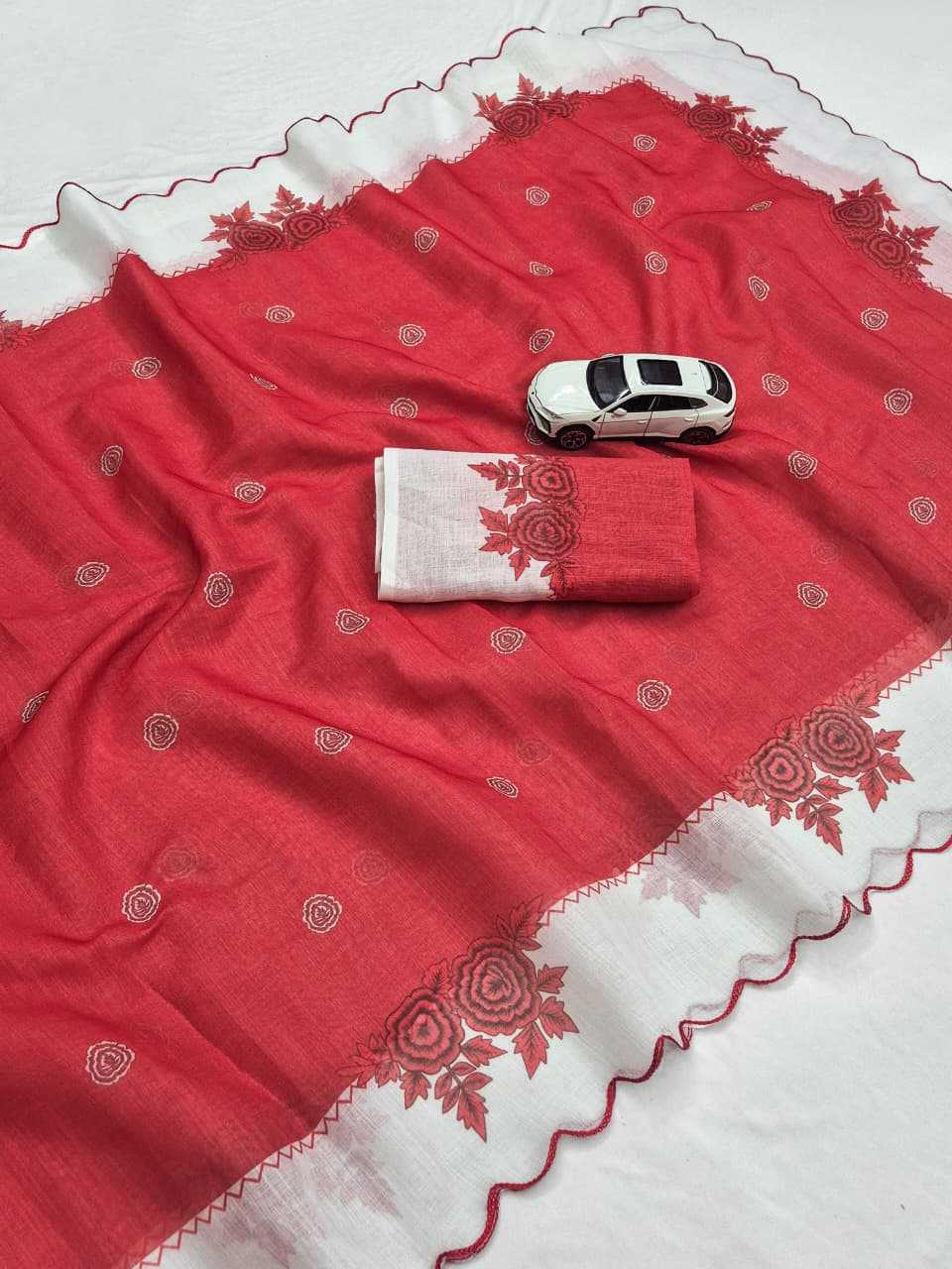 Linen Printed Saree in Salmon