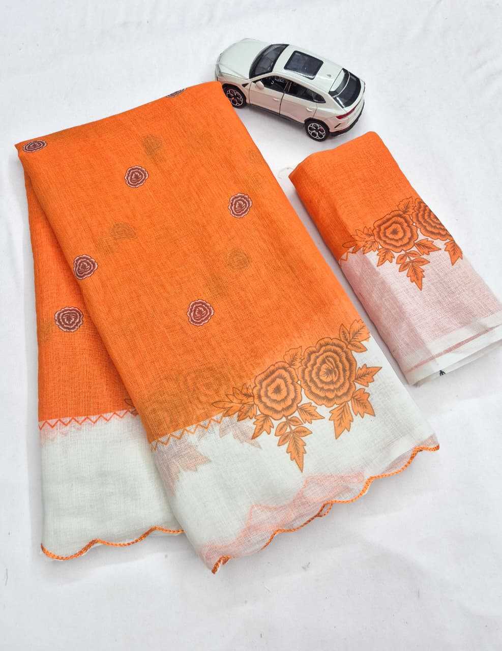 Linen Printed Saree in Salmon