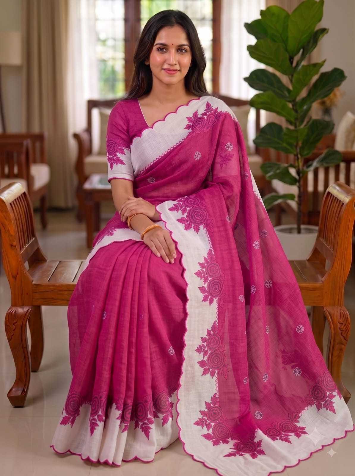 Linen Printed Saree in Salmon