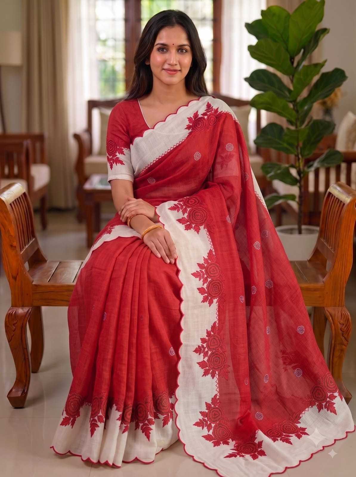 Linen Printed Saree in Orange