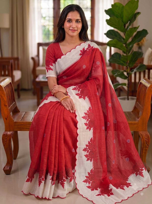 Linen Printed Saree in Orange