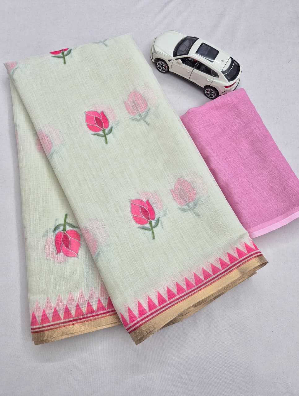 Linen Zari Border Saree in Baby Pink