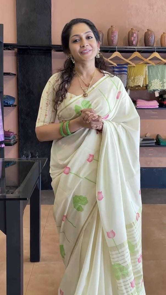 Linen Zari Border Saree in Baby Pink