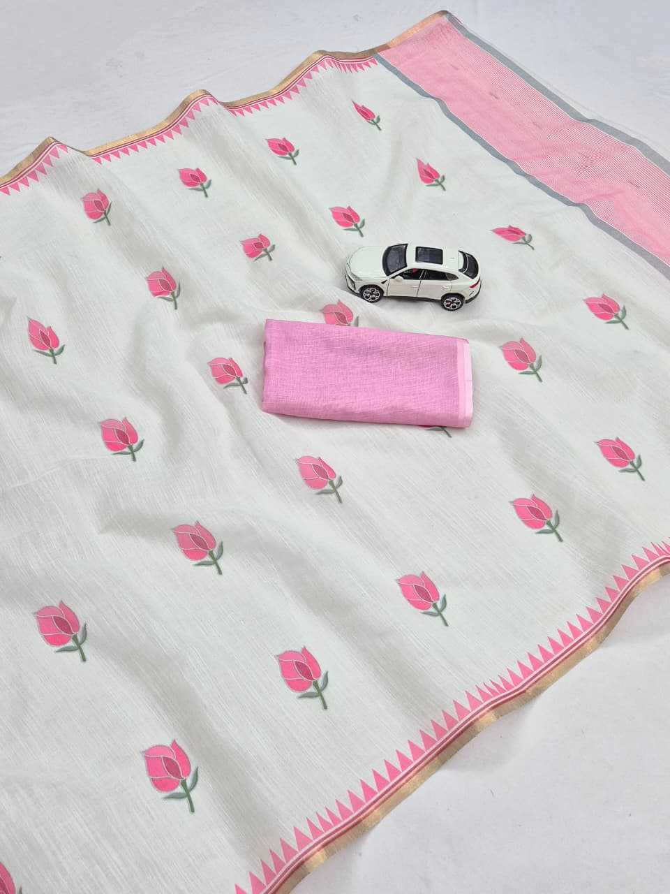 Linen Zari Border Saree in Baby Pink