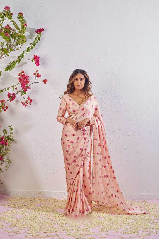 Satin Ready To Wear Saree in Peach