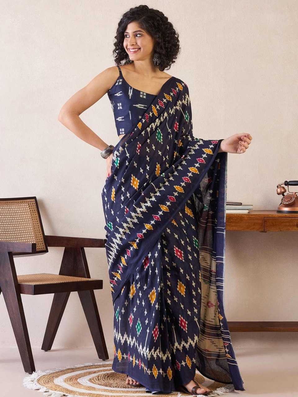 Cotton Ready To Wear Saree in Navy Blue