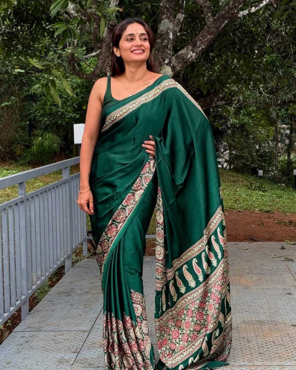 Crepe Silk Ready To Wear Saree in Dark Green