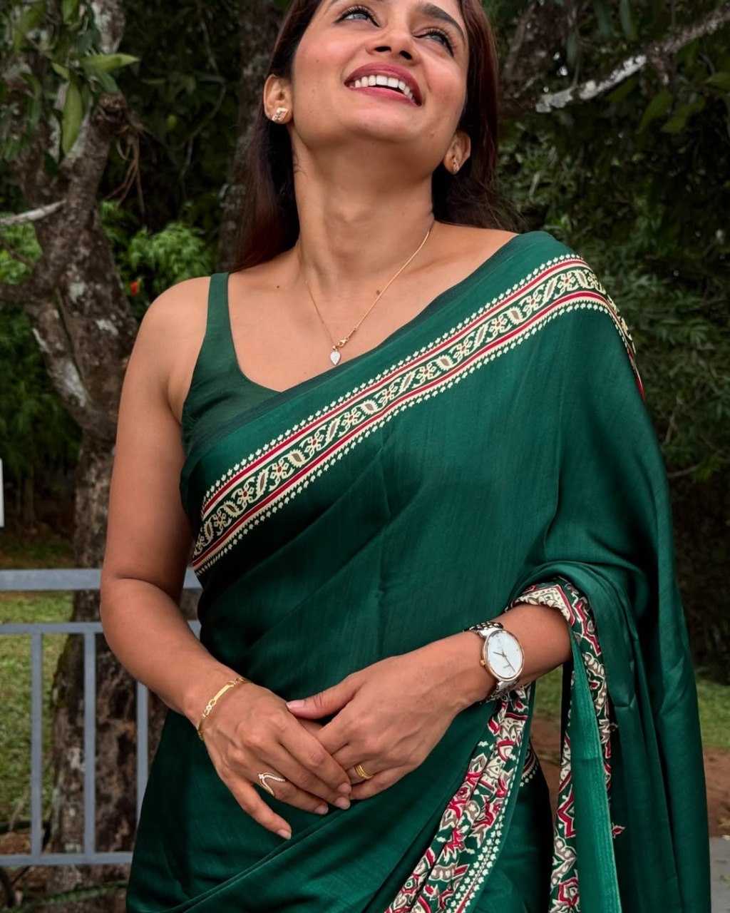 Crepe Silk Ready To Wear Saree in Dark Green