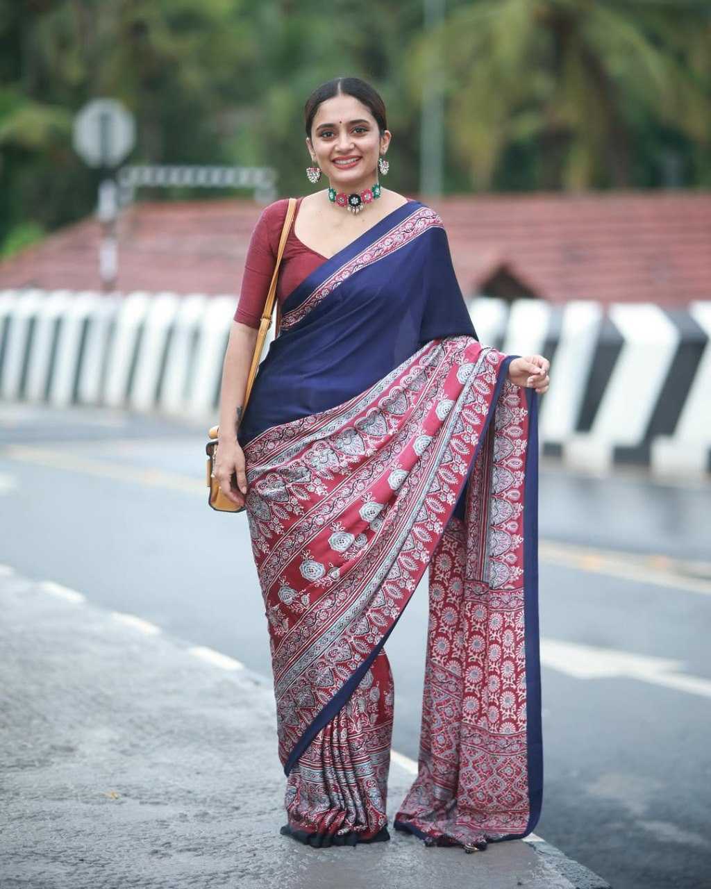 Crepe Silk Ready To Wear Saree in Navy Blue