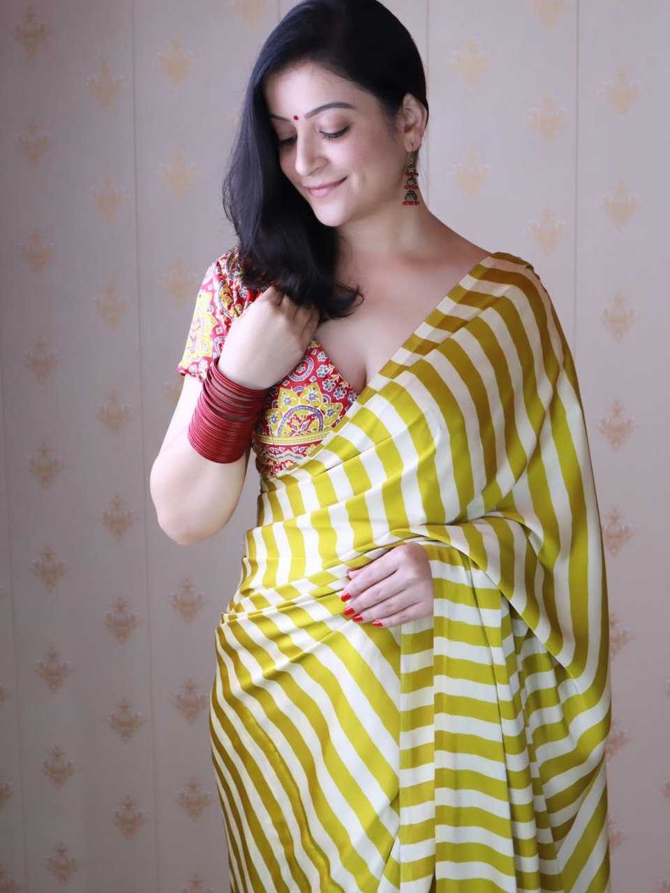 Crepe Silk Ready To Wear Saree in Rama