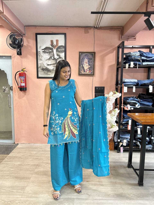 Heavy Roman Silk Embroidery Suit in Blue