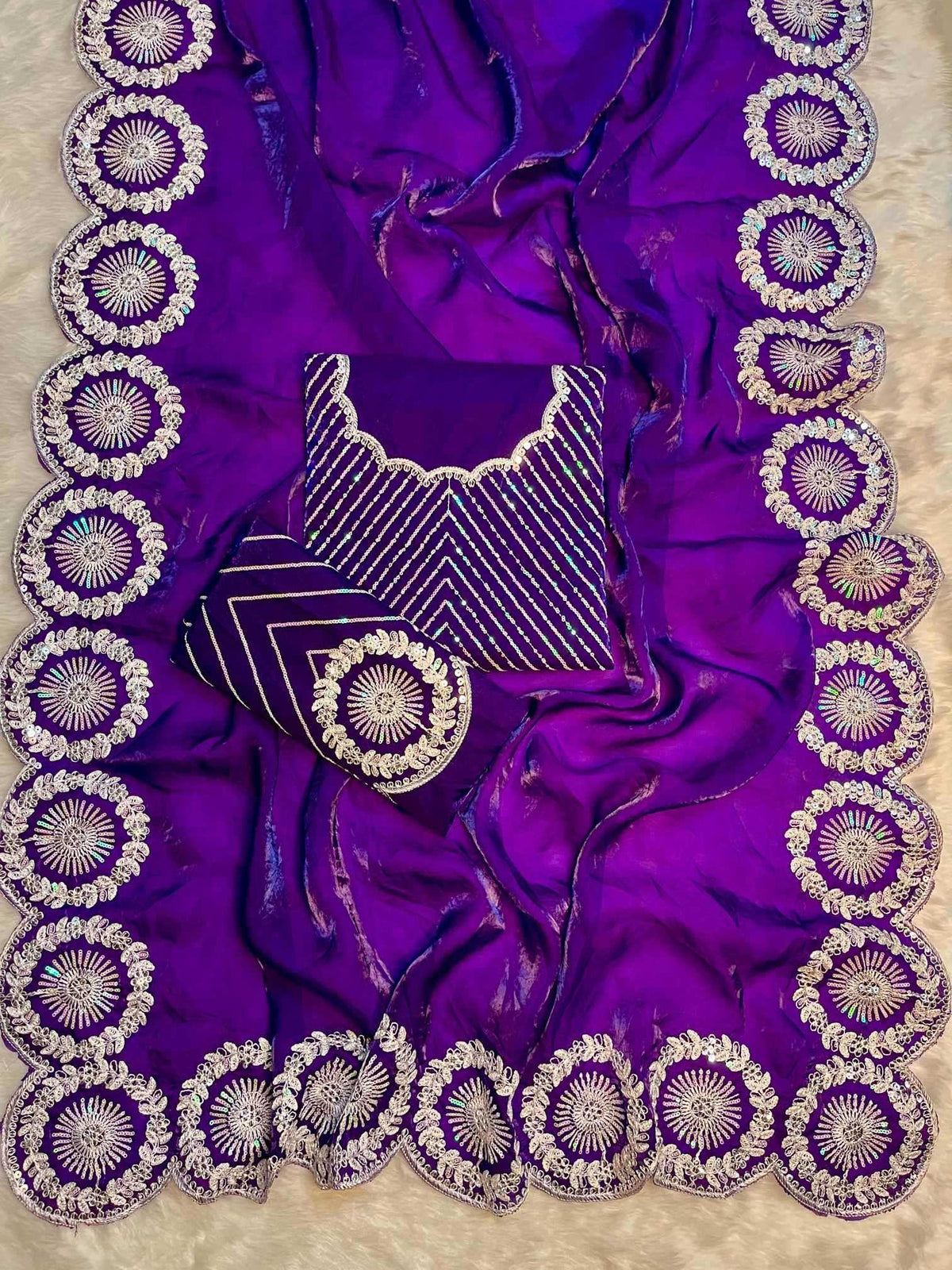 Satin Sequence Saree in Navy Blue