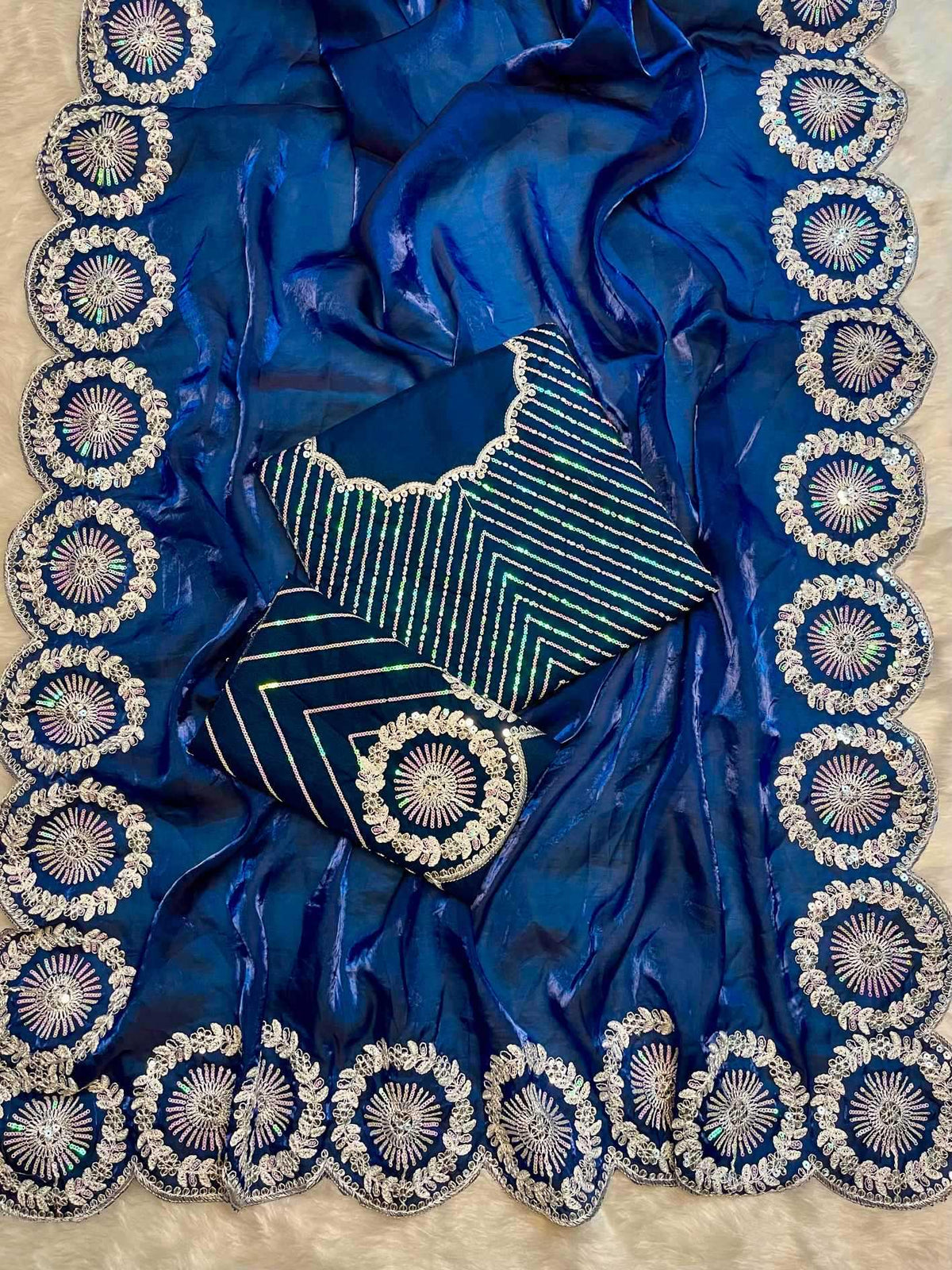 Satin Sequence Saree in Navy Blue
