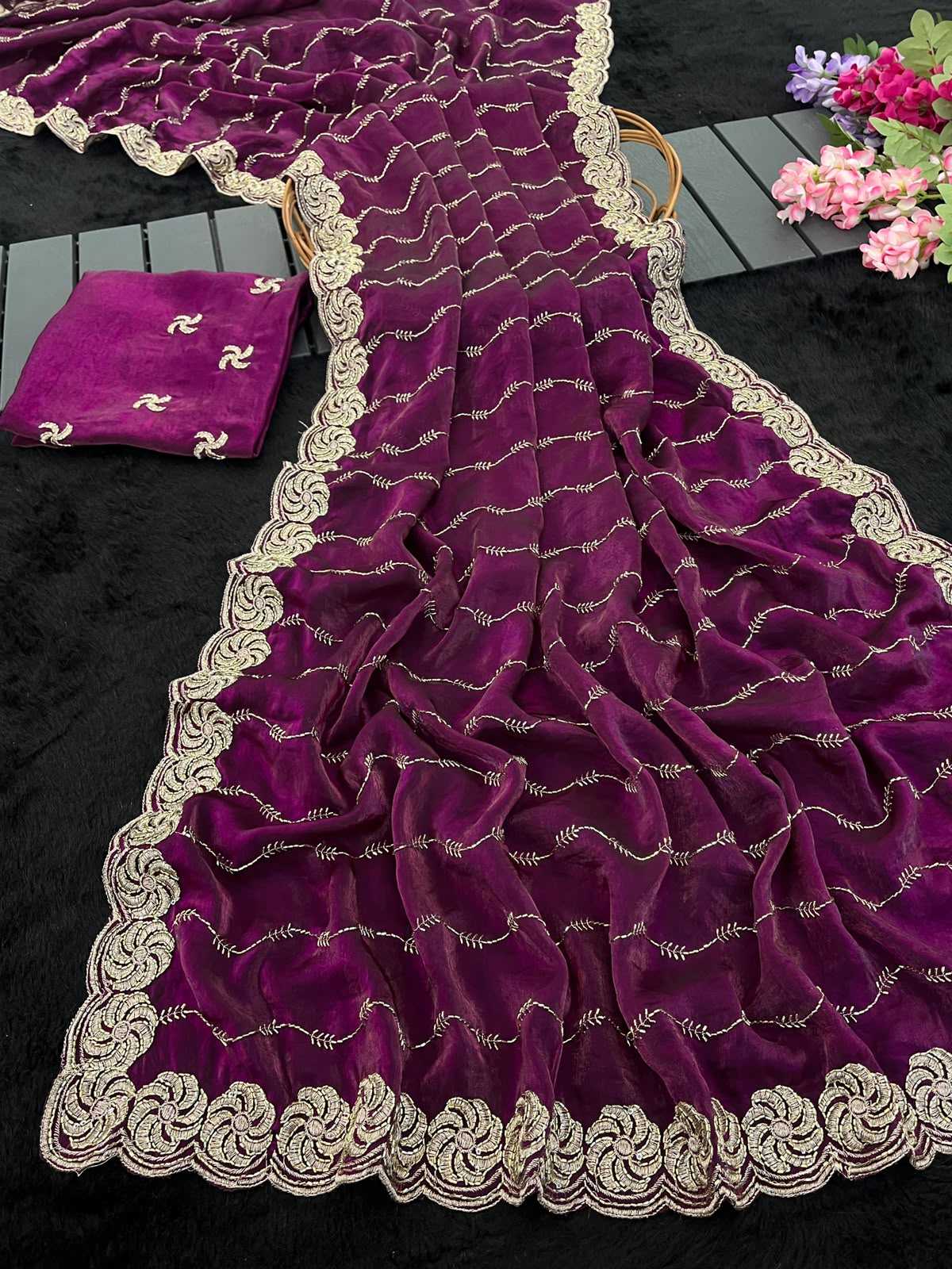 Satin Designer Saree in Dark Wine