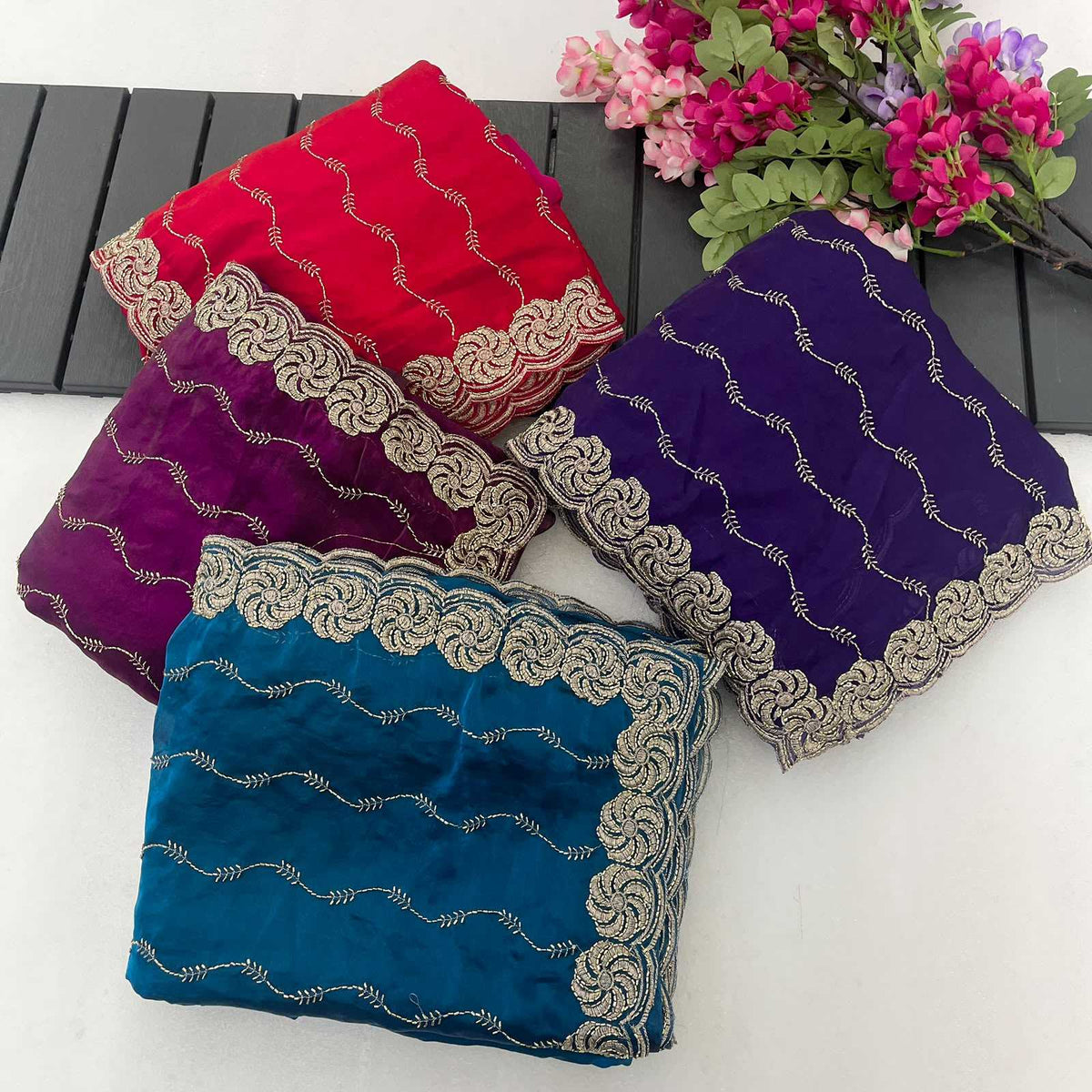 Satin Embroidered Saree in Dark Wine
