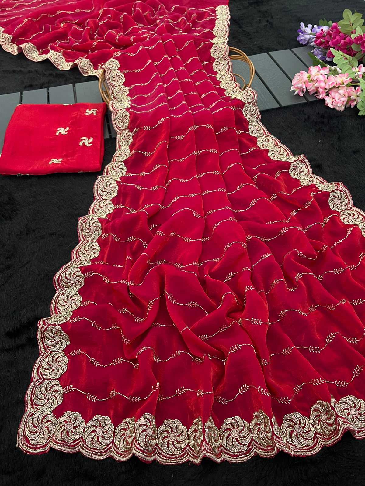 Satin Embroidered Saree in Dark Wine