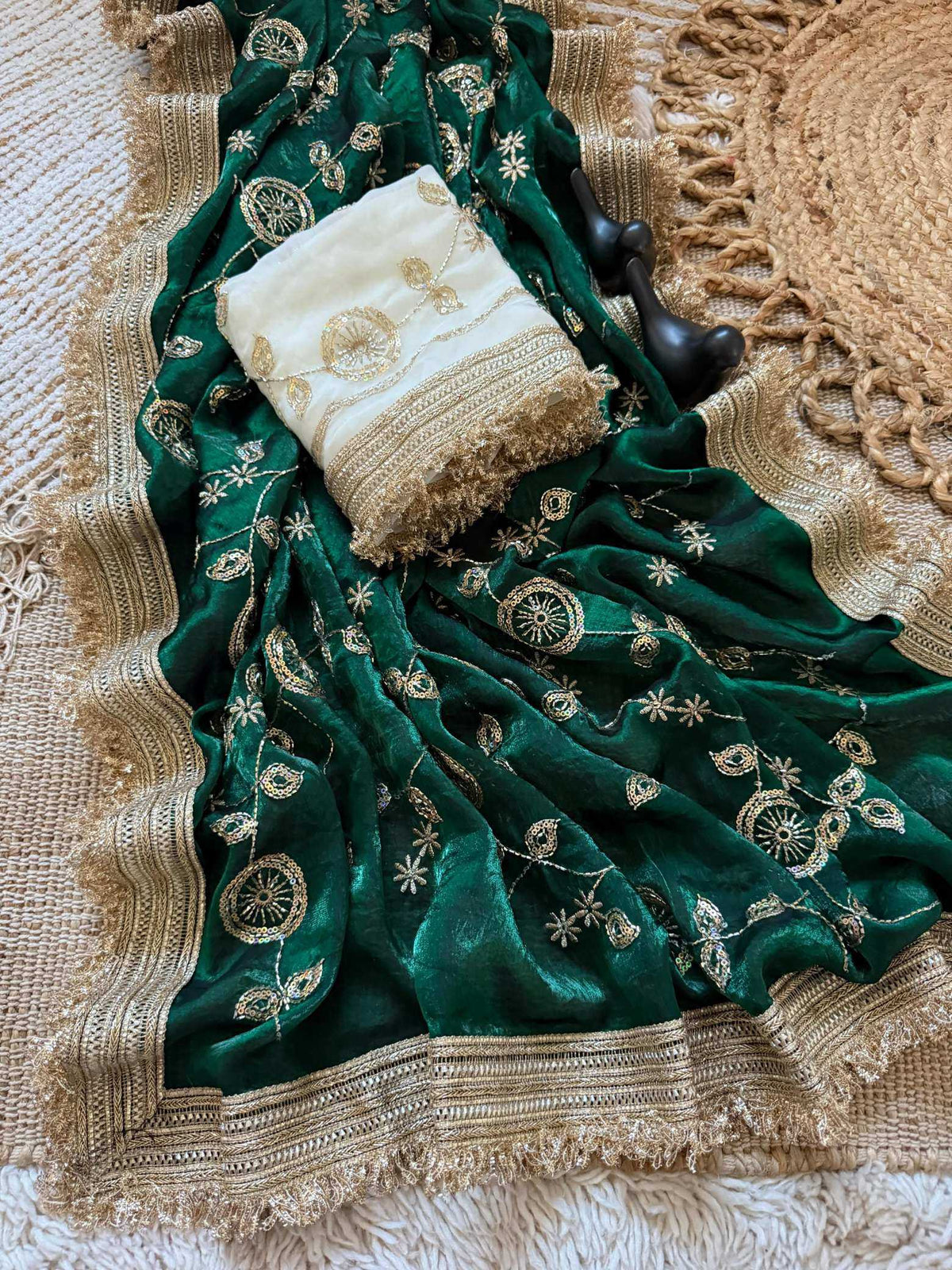 Satin Designer Saree in Dark Green