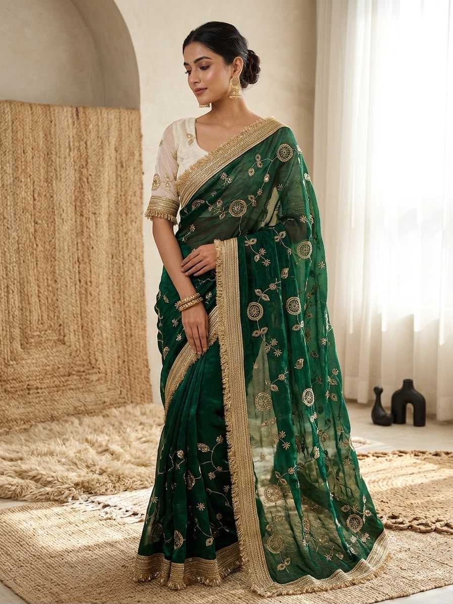 Satin Designer Saree in Dark Green