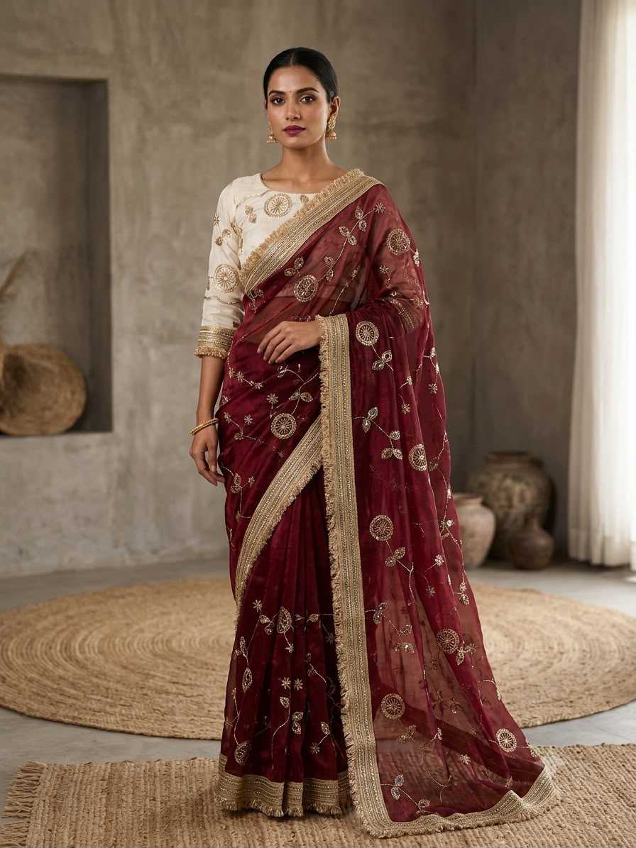 Satin Designer Saree in Dark Green