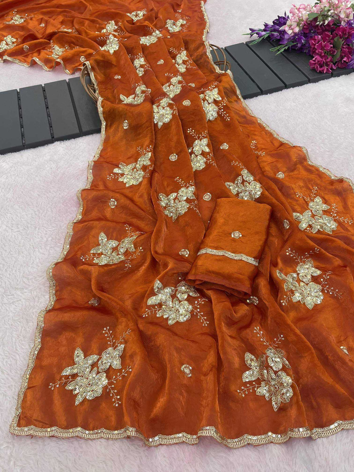 Satin Sequence Saree in Dark Green