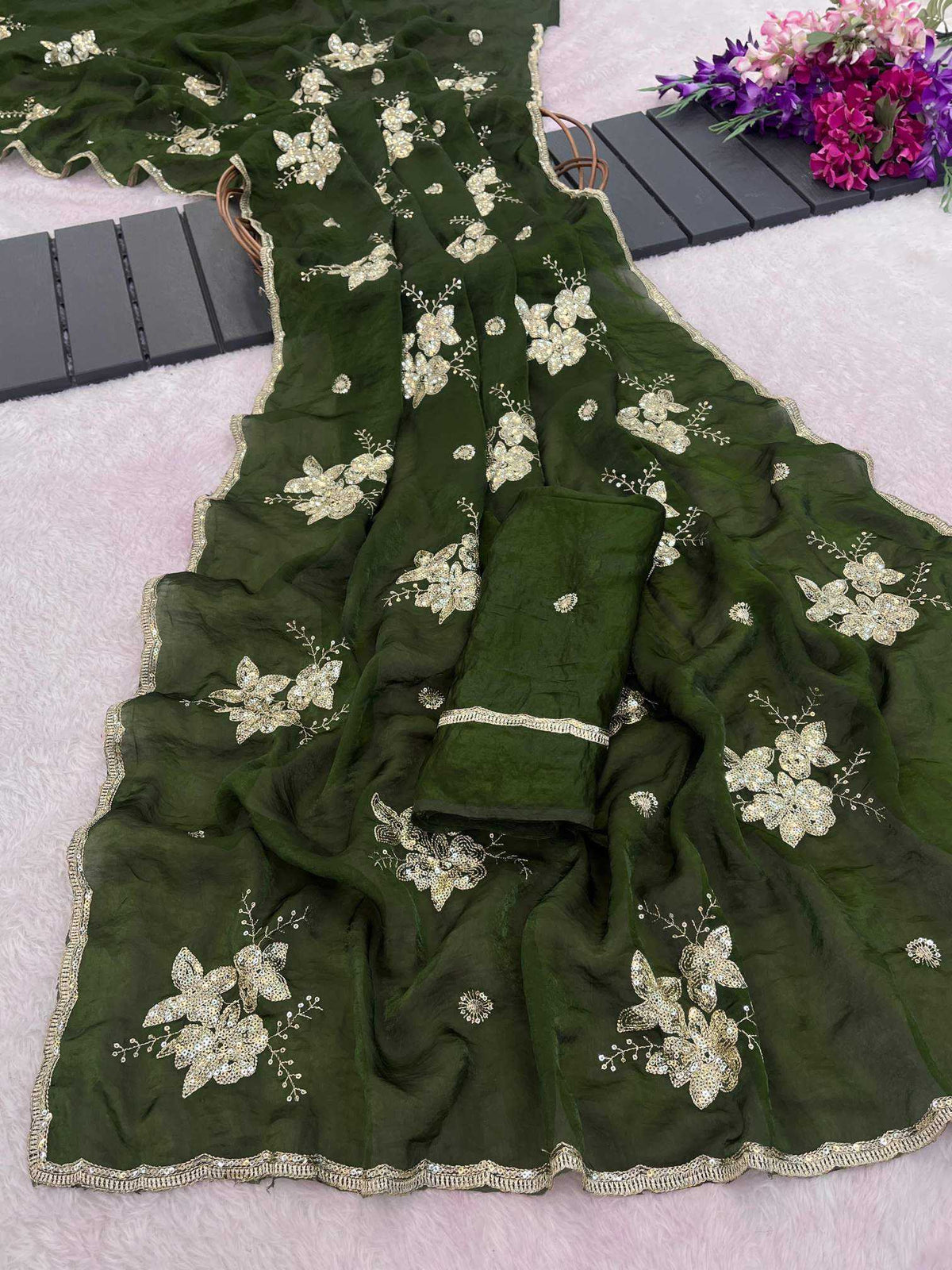 Satin Sequence Saree in Dark Green