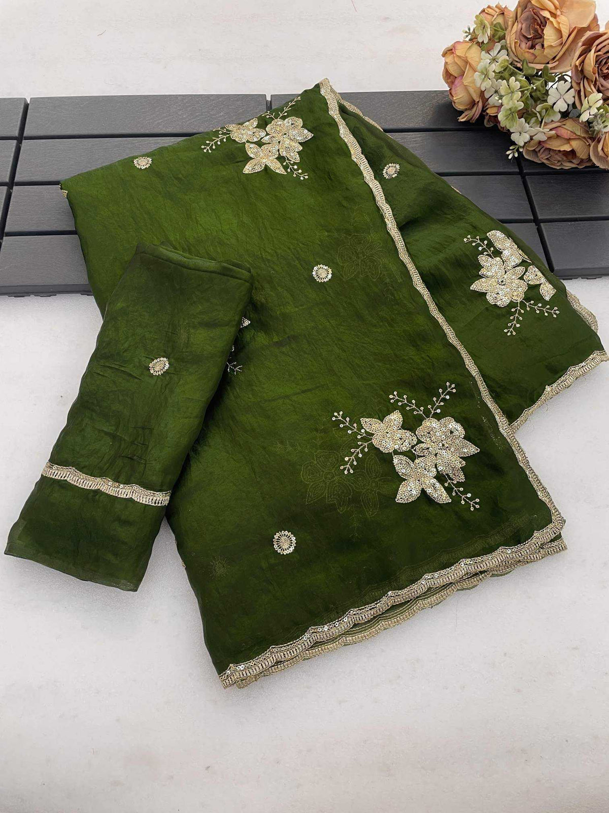Satin Sequence Saree in Dark Green