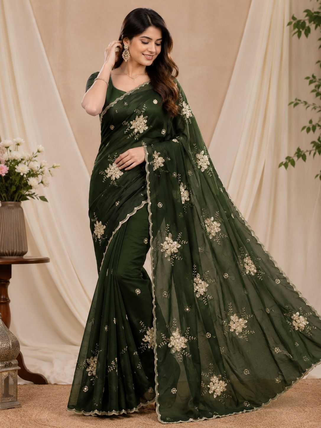 Satin Sequence Saree in Dark Green