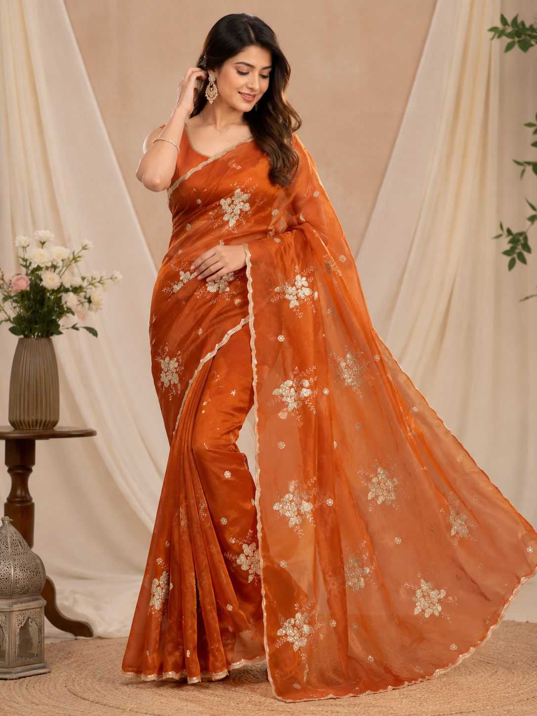 Satin Sequence Saree in Dark Green