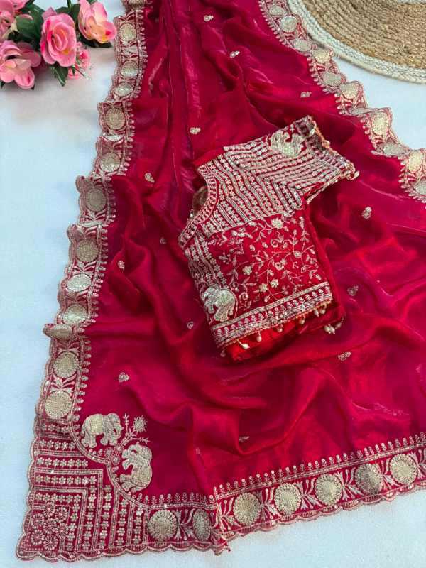 Satin Embroidered Saree in Wine