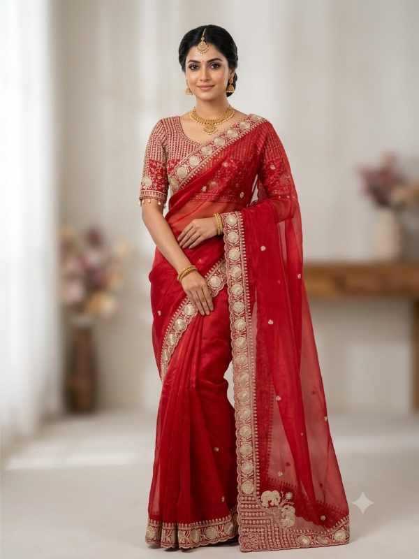 Satin Embroidered Saree in Wine
