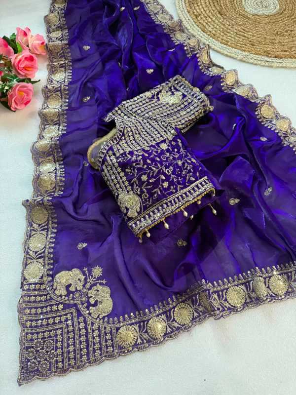 Satin Embroidered Saree in Wine