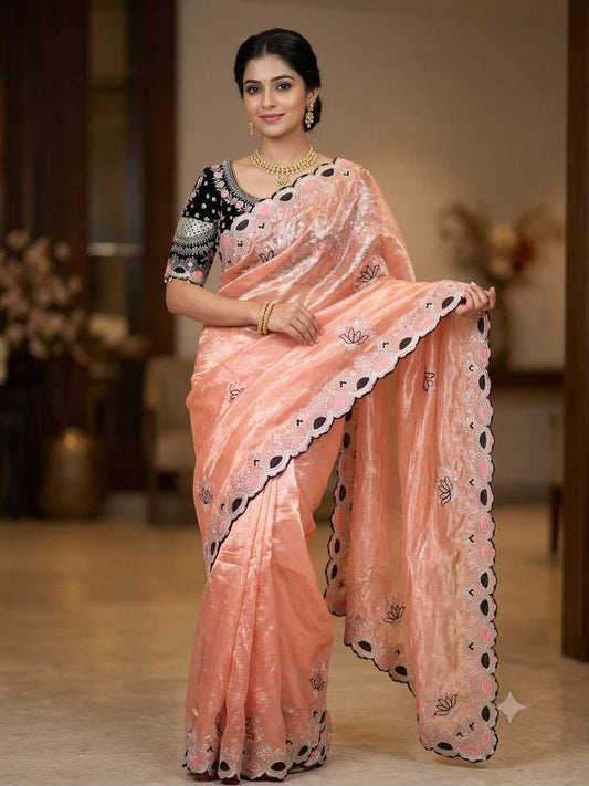 Satin Embroidered Saree in Peach