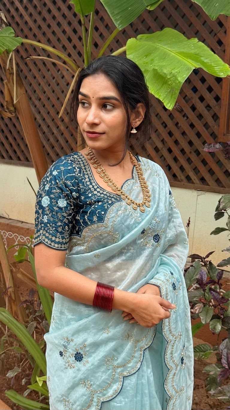 Satin Designer Saree in Sky