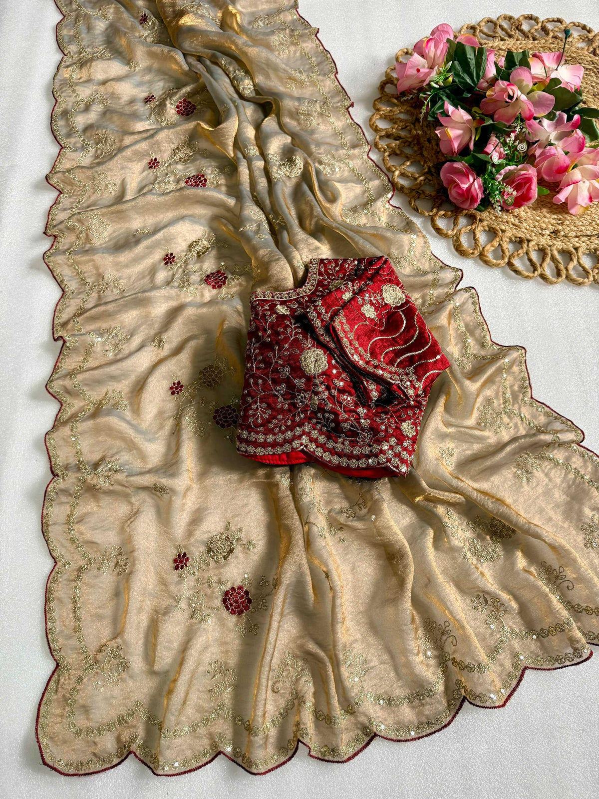Satin Sequence Saree in Beige