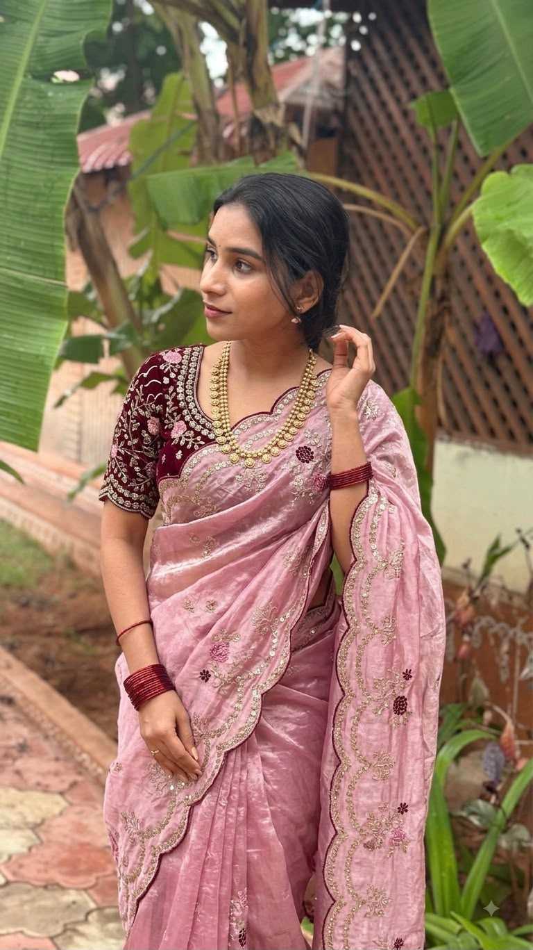 Satin Sequence Saree in Beige
