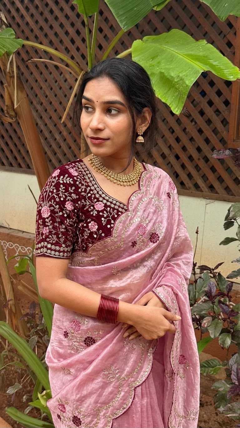 Satin Sequence Saree in Beige