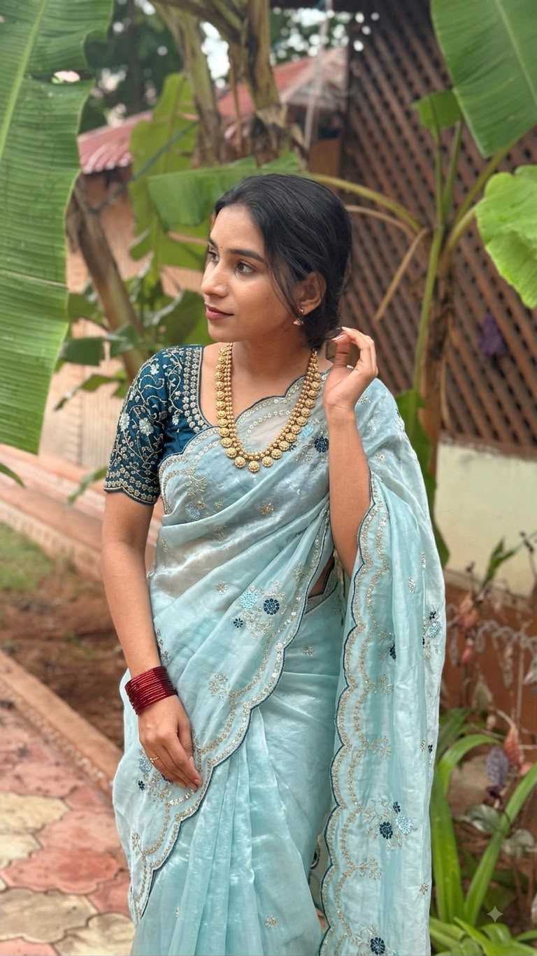 Satin Sequence Saree in Beige