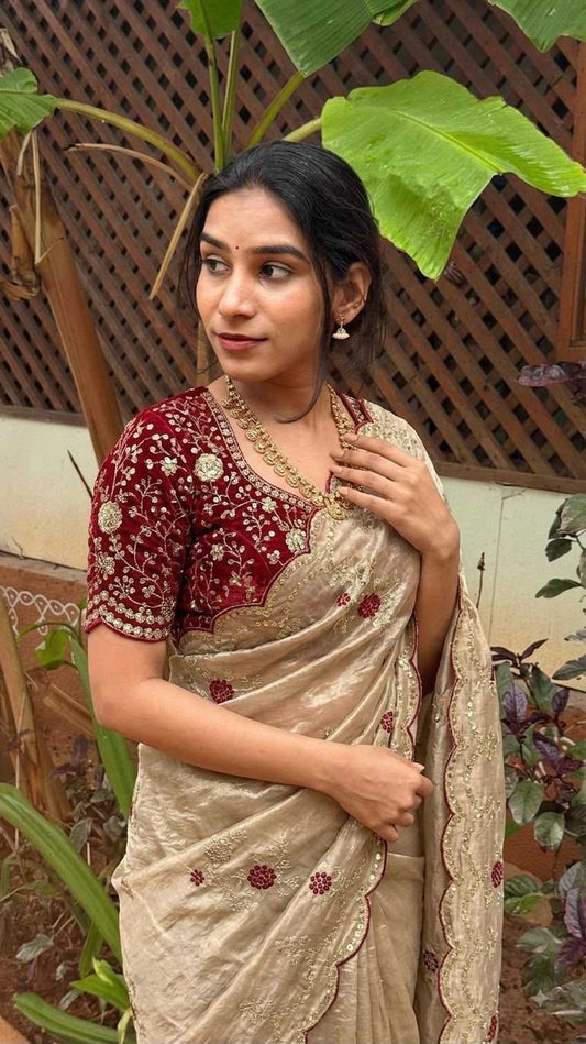 Satin Sequence Saree in Beige