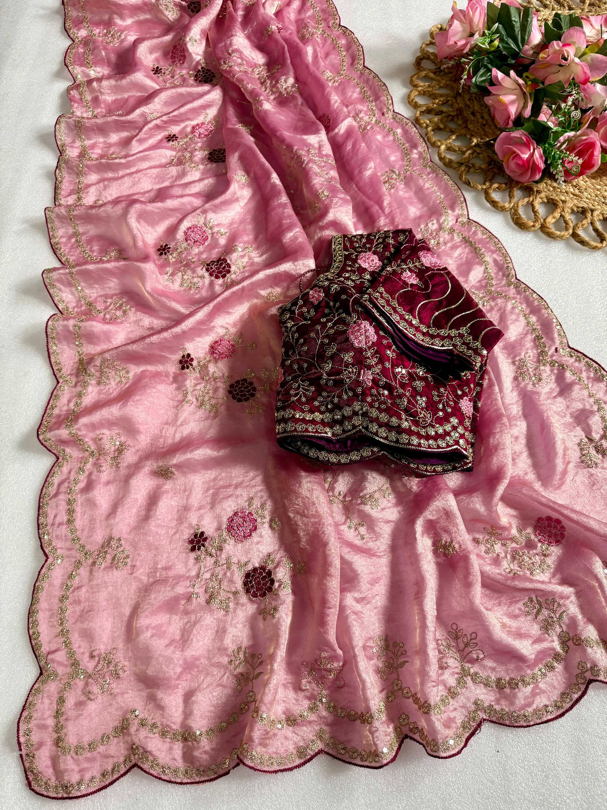Satin Sequence Saree in Beige
