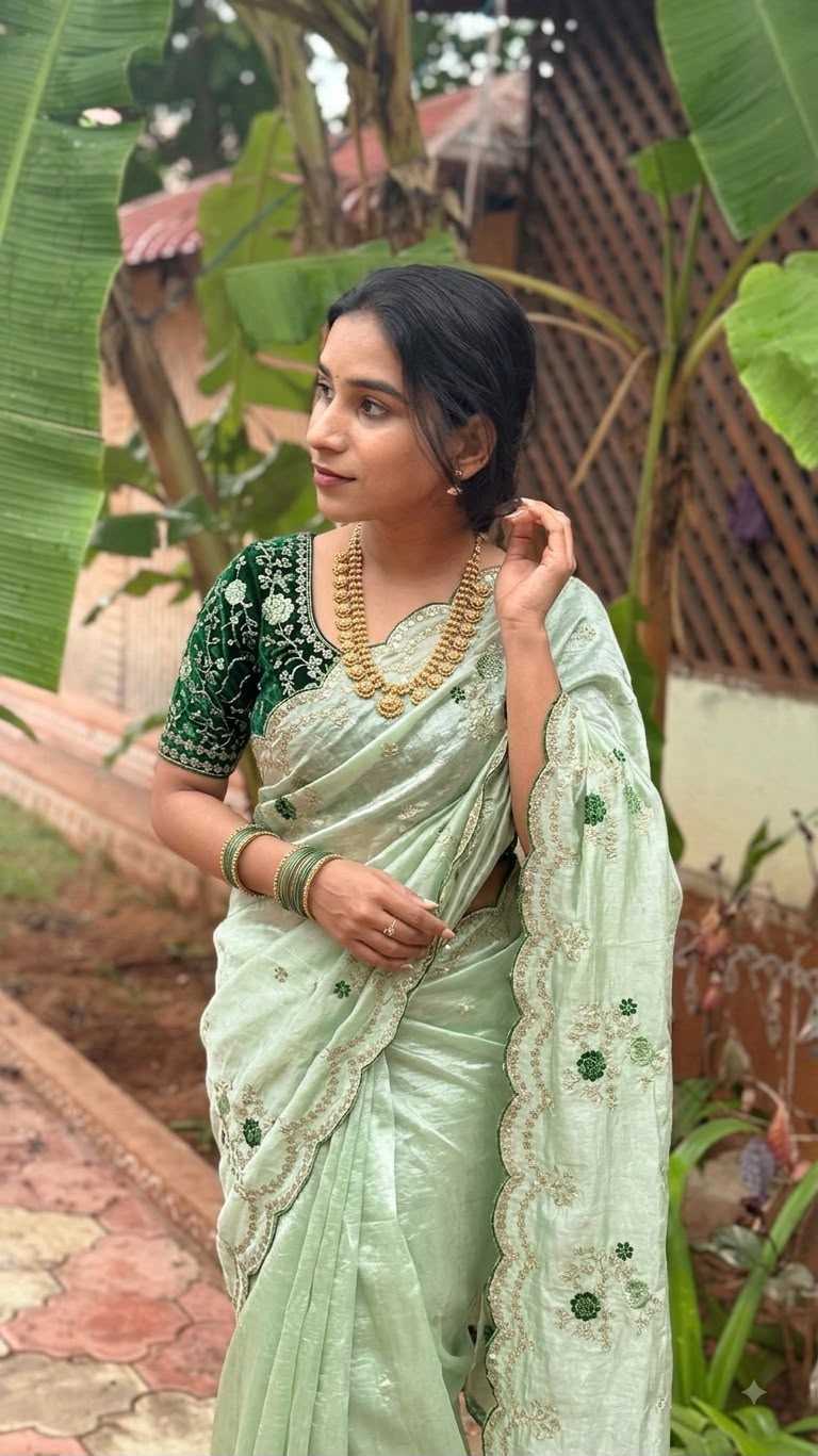 Satin Sequence Saree in Beige